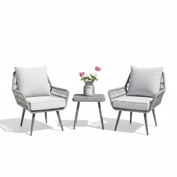 Modern LOCCUS outdoor seating set with grey rope chairs, soft cushions, and glass-top table for patio.