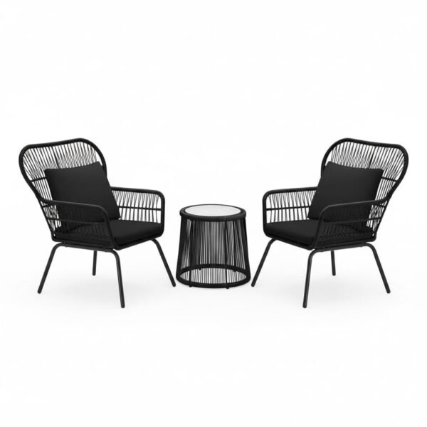 Stylish outdoor rope weave chairs with cushions and glass top table for garden seating
