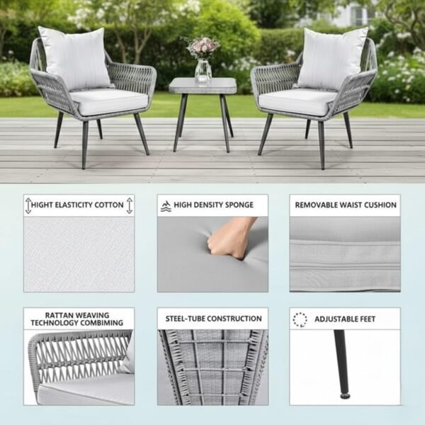 LOCCUS balcony patio set with two cushioned rope chairs and round glass table for outdoor relaxation.