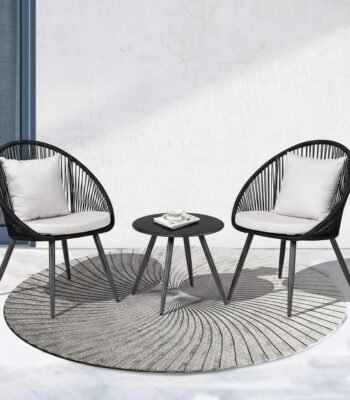 LOCCUS 3-piece outdoor patio bistro set with cushioned chairs and glass-top table for balcony or garden.