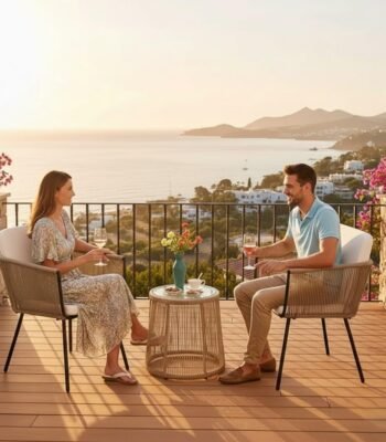 LOCCUS 3-piece outdoor rope patio furniture set with beige chairs, off-white cushions and tempered glass table for balcony or garden