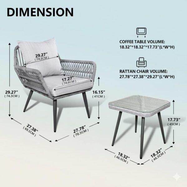 LOCCUS Compact 3-Piece Balcony Patio Set – Rope Chairs with Cushions and Tempered Glass Coffee Table