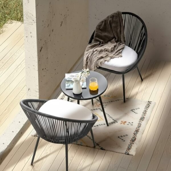 LOCCUS 3-piece crown design patio set with black rope chairs, off-white cushions, and round table for balcony or garden.