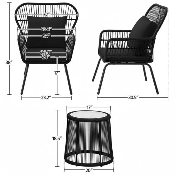 LOCCUS 3-piece black rope patio furniture set with cushioned chairs and tempered glass table for balcony or garden