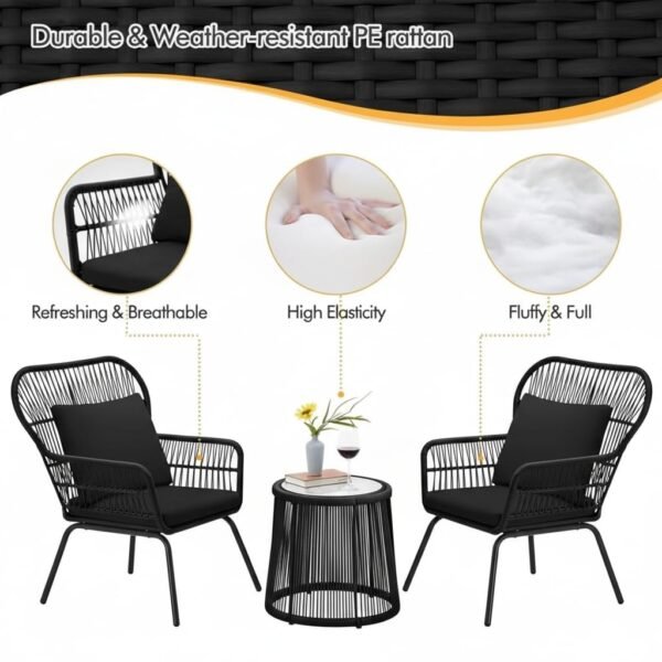 LOCCUS 3-piece black rope patio furniture set with cushioned chairs and tempered glass table for balcony or garden