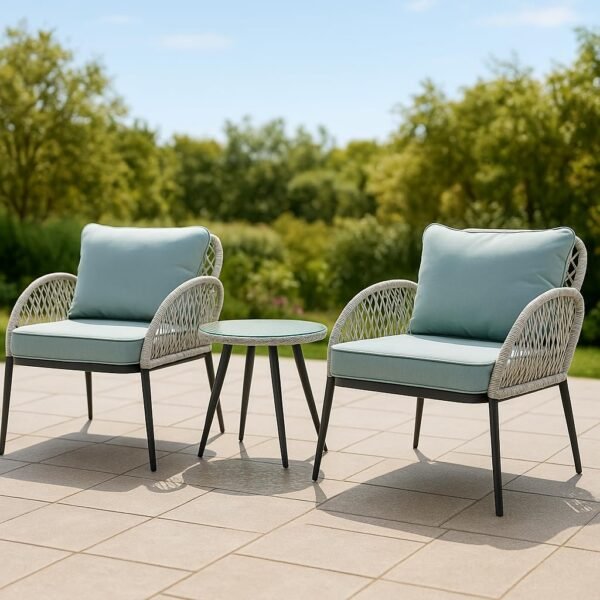 LOCCUS 3-Piece Patio Bistro Set – Outdoor Woven Rope Balcony Furniture with Cushioned Chairs & Glass Top Table - Beige & White - Image 2