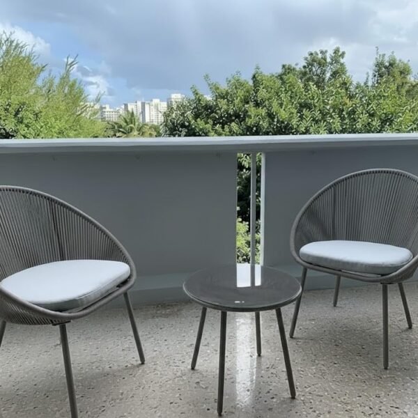 LOCCUS compact 3-piece patio seating set with crown design rope chairs and coffee table for small balconies.