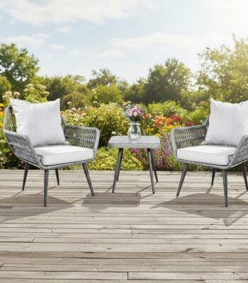 LOCCUS 3-piece grey rope patio furniture set with cushioned chairs and tempered glass side table for balcony or garden.