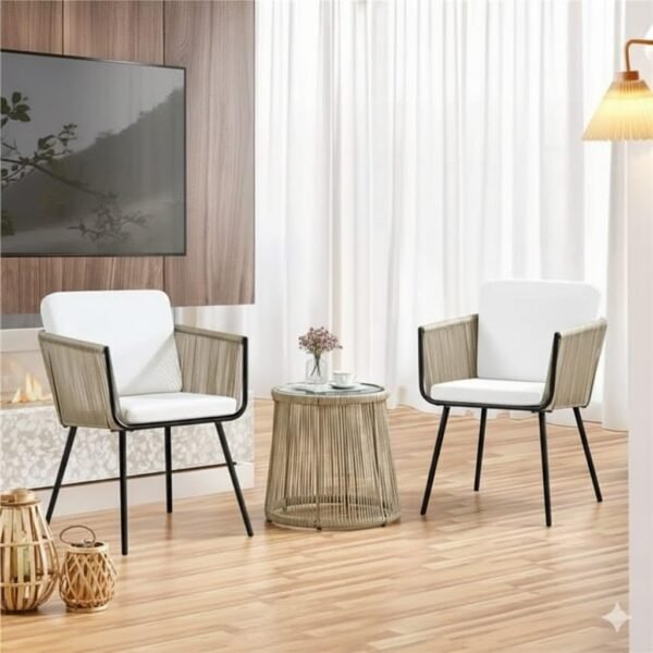 LOCCUS 3-piece outdoor rope patio furniture set with beige chairs, off-white cushions and tempered glass table for balcony or garden