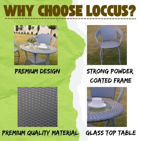 Stylish gray wicker patio bistro set with chairs and center table for balcony garden and deck