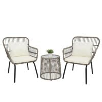 LOCCUS 3-piece outdoor patio bistro set with rope woven chairs, off-white cushions, and tempered glass-top table, modern weather-resistant furniture for balcony, garden, backyard, or porch.