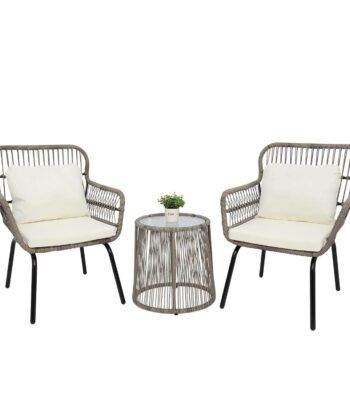 LOCCUS 3-piece outdoor patio bistro set with rope woven chairs, off-white cushions, and tempered glass-top table, modern weather-resistant furniture for balcony, garden, backyard, or porch.