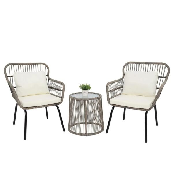 LOCCUS 3-piece outdoor patio bistro set with rope woven chairs, off-white cushions, and tempered glass-top table, modern weather-resistant furniture for balcony, garden, backyard, or porch.