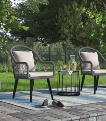 LOCCUS 3-piece outdoor wicker patio bistro set with beige cushioned chairs and tempered glass table for balcony or garden