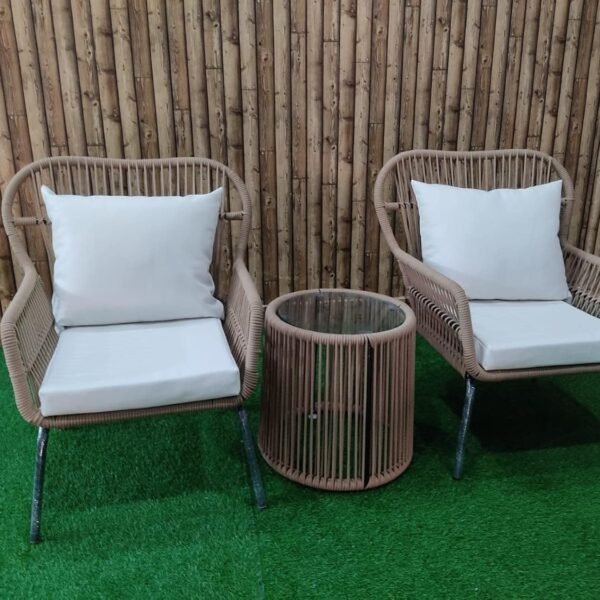 LOCCUS 3-piece outdoor rope patio bistro set with two woven chairs, off-white cushions, and tempered glass side table for balcony or garden.