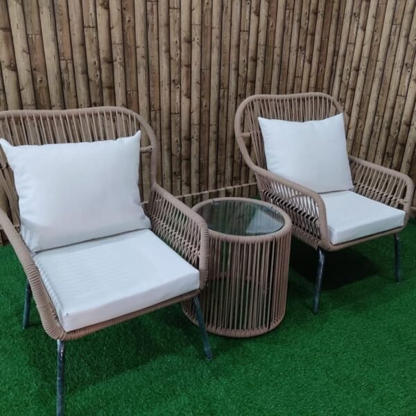 LOCCUS Modern 3-Piece Outdoor Bistro Set – Rope Woven Chairs with Thick Cushions & Tempered Glass Table for Patio, Balcony & Backyard
