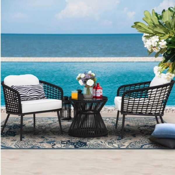 Modern LOCCUS balcony bistro set with two rope chairs and small round patio table in black and off-white.