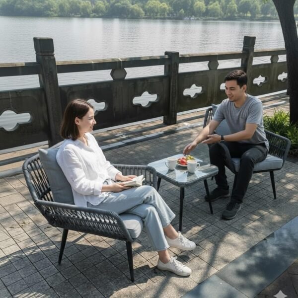 LOCCUS Enhance Your Outdoor Living With Our 3 Piece Patio Set - Sliver Rope Bistro Furniture With Gray Cushions - Image 3