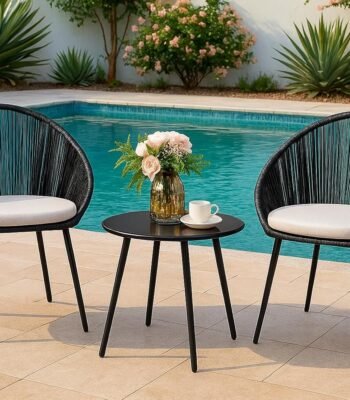 LOCCUS 3-piece crown design patio set with black rope chairs, off-white cushions, and round table for balcony or garden.