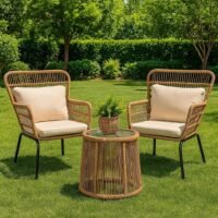 LOCCUS 3 piece outdoor rope patio bistro set with beige woven chairs cushions and glass top table for balcony garden porch