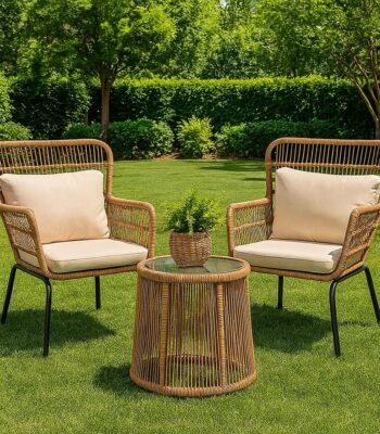 LOCCUS 3 piece outdoor rope patio bistro set with beige woven chairs cushions and glass top table for balcony garden porch