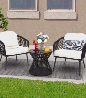 LOCCUS 3-piece outdoor patio furniture set with rope woven chairs and round table for balcony or garden seating.