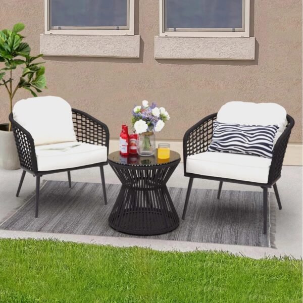 LOCCUS 3-piece outdoor patio furniture set with rope woven chairs and round table for balcony or garden seating.