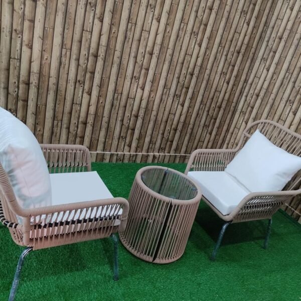 LOCCUS Outdoor 3-Piece Patio Furniture Set – Rope Wicker Chairs with Cushions and Glass Coffee Table for Garden, Balcony & Porch