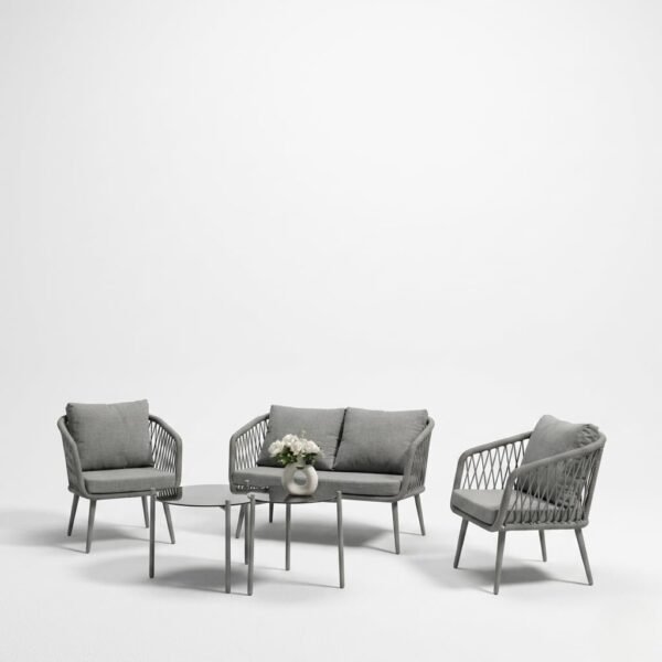 LOCCUS Outdoor Rope Sofa Set with four pieces, grey cushions, and a sleek glass top table. Built with a strong rustproof metal frame and handwoven rope, designed for garden, patio, lawn, and poolside relaxation.