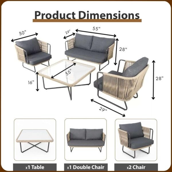 Elegant LOCCUS Rope Sofa Conversation Set, 4-seater outdoor furniture with durable frame, cushions, and glass table.