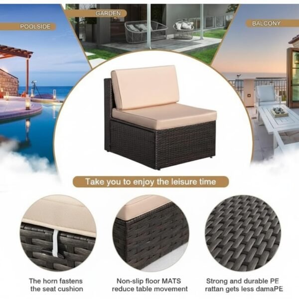 LOCCUS Outdoor Furniture Set, sectional sofa with beige cushions and glass top center table for backyard or porch.