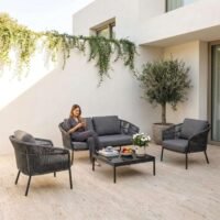 LOCCUS Outdoor 4-Seater Rope Sofa Set in Dark Grey, with all-weather water-resistant cushions and glass top square center table, ideal for garden, patio, or poolside seating.