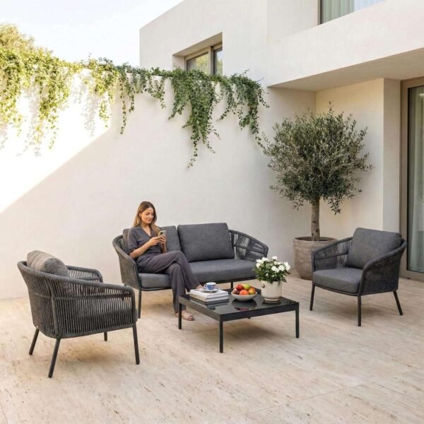 LOCCUS Outdoor 4-Seater Rope Sofa Set in Dark Grey, with all-weather water-resistant cushions and glass top square center table, ideal for garden, patio, or poolside seating.