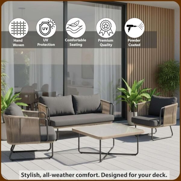 LOCCUS Outdoor Furniture Set, 4-seater rope sofa with beige and dark grey cushions, perfect for poolside or backyard.