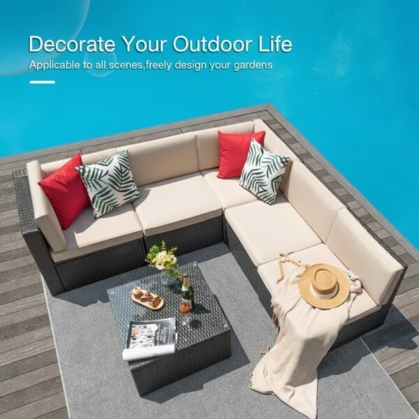 Durable Rattan Wicker Patio Sofa Set by LOCCUS, 4-piece outdoor sectional with cushions and glass table.