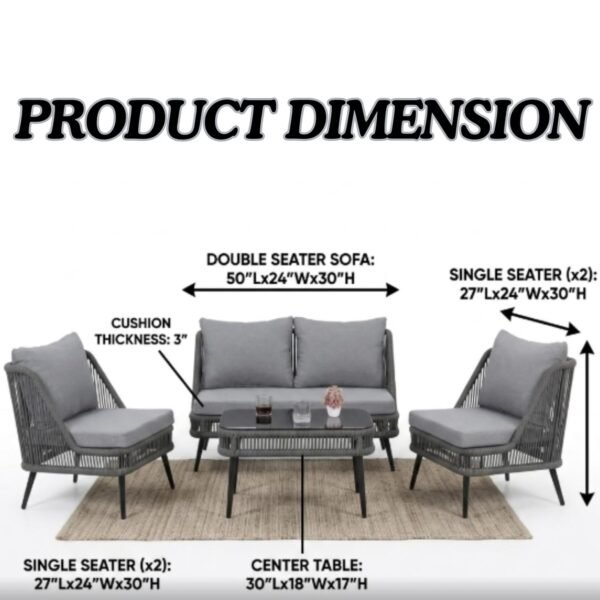 Grey LOCCUS Rope Wicker Sofa Set, 4-piece outdoor patio furniture with durable iron frame, plush cushions, and center table, ideal for backyard, porch, terrace, or balcony relaxation.