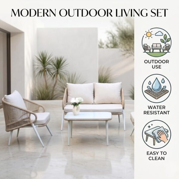 Garden Patio Rope Sofa Set, LOCCUS 4-piece lounge furniture with beige cushions and glass top table.