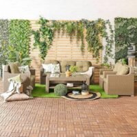 LOCCUS 4-Piece Outdoor Patio Sectional Sofa Set in Beige, HDPE wicker rattan furniture with washable cushions and glass center table, ideal for garden, poolside, balcony, or backyard.