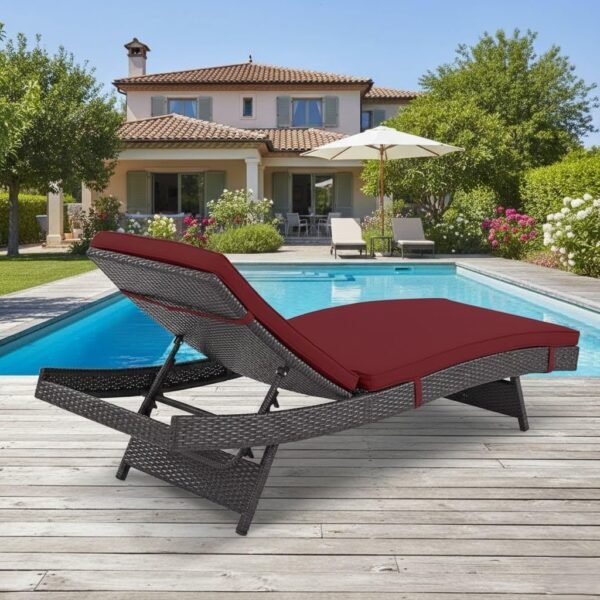 Poolside relaxation scene with four cushioned recliners, palm trees, agave plants, and contemporary architecture.