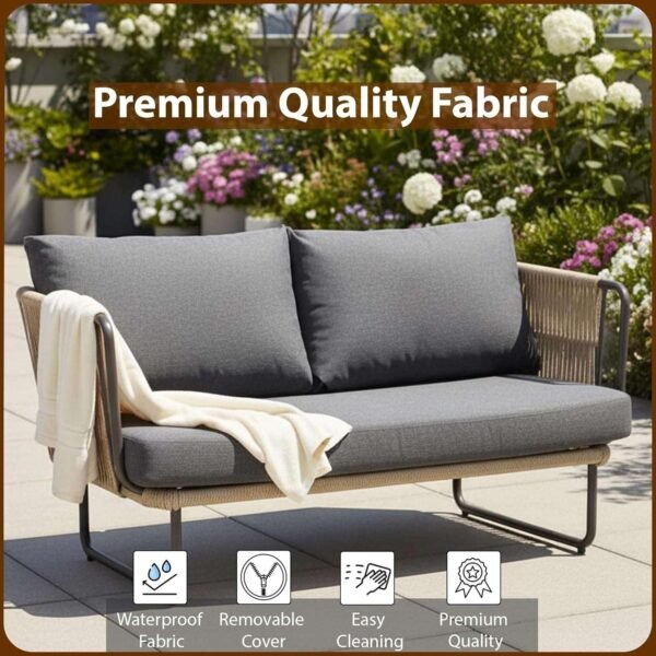 LOCCUS Poolside Rope Sofa Set, 4-seater outdoor furniture with beige & dark grey cushions and glass table.