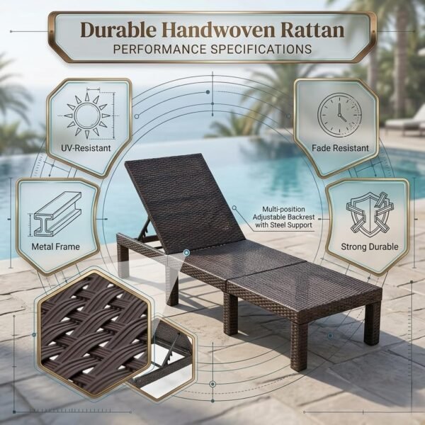 Resort-style poolside lounge chair with person reclining, palm trees, ocean view, and modern outdoor furniture.