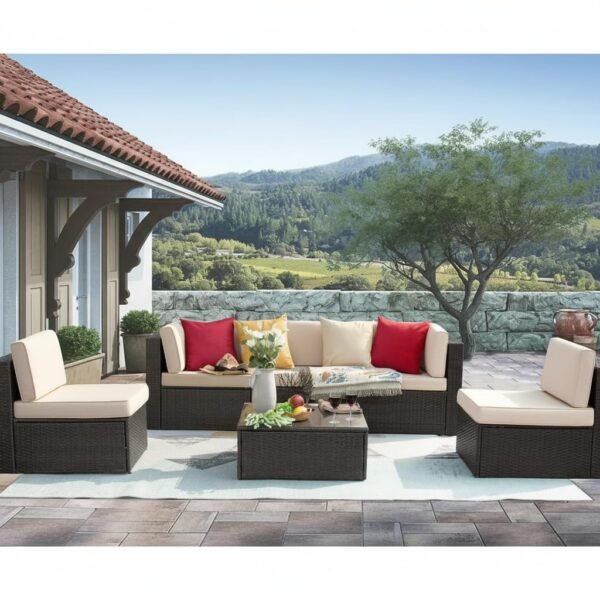 Elegant LOCCUS Outdoor Sectional Sofa Set, 4-piece wicker conversation furniture with beige cushions and coffee table.