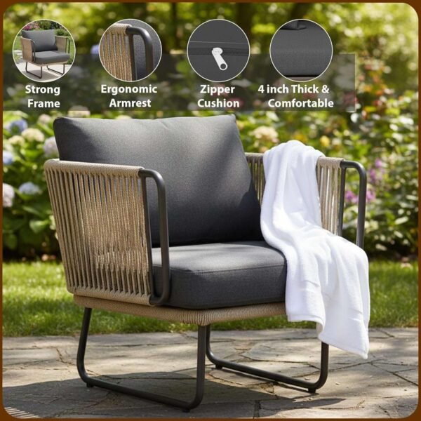 Garden Patio Rope Sofa Set, LOCCUS outdoor 4-seater with comfortable cushions and square glass table.