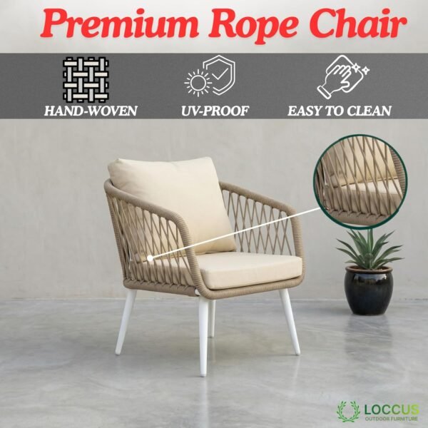 Handwoven Rope Patio Sofa Set, LOCCUS 4-seater with durable frame, beige cushions, and coffee table.