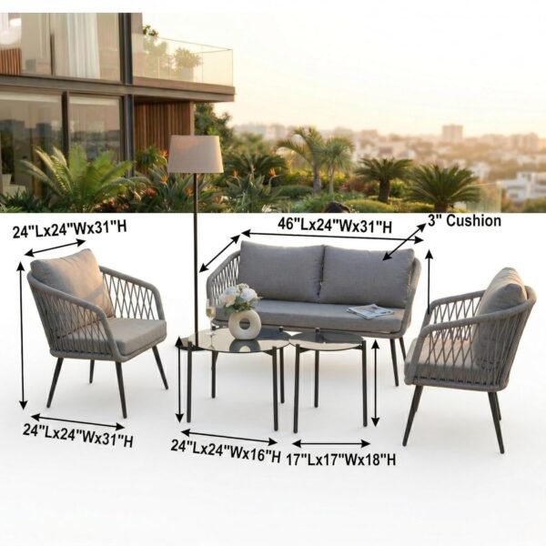 LOCCUS 4-Piece Outdoor Patio Furniture Set, All-Weather Rope Sofa Set with Cushions & Center Table - Image 2