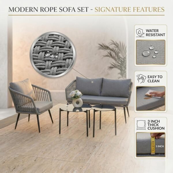 LOCCUS 4-Piece Outdoor Patio Furniture Set, All-Weather Rope Sofa Set with Cushions & Center Table - Image 4