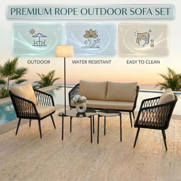 LOCCUS Outdoor Rope 4-Seater Sofa Set with water-repellent black and beige cushions, durable metal frame, and handwoven rope furniture. Comes with a glass top table, ideal for garden, patio, poolside, or balcony outdoor living.