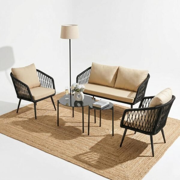 LOCCUS Outdoor Rope Sofa Set with seating for four, black and beige cushions, and a sleek glass top table. Built with a strong metal frame and handwoven rope, designed for garden, patio, poolside, and balcony relaxation.