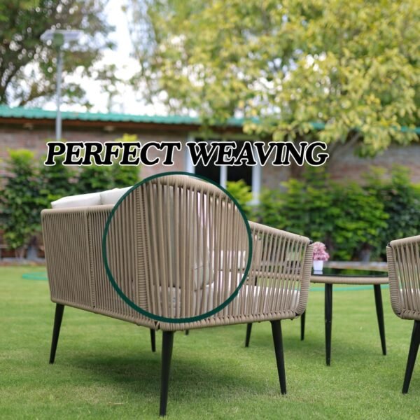 LOCCUS Outdoor Rope Sofa Set with seating for four, beige and off-white cushions, and a sleek glass top center table. Handwoven rope design adds elegance, while the sturdy metal frame ensures durability. Perfect for garden, patio, poolside, or balcony use with all-weather resistant cushions for year-round comfort.