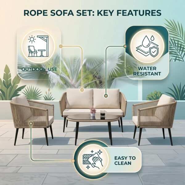 LOCCUS Outdoor 4 Seater Rope Sofa Set with beige and off-white cushions, durable rope weaving, and a sturdy metal frame. Includes a glass top center table, perfect for outdoor gatherings. All-weather resistant cushions make it suitable for garden, patio, poolside, or balcony relaxation with lasting comfort.
